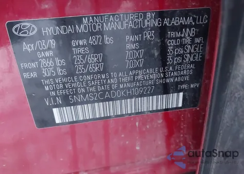 2019 Hyundai Santa Fe Se from USA, damaged, VIN 5NMS2CAD0KH109227